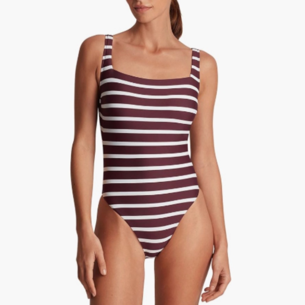 Lauren Ralph Women Largo Stripe Low Back Square Neck One-Piece Size 8 8362